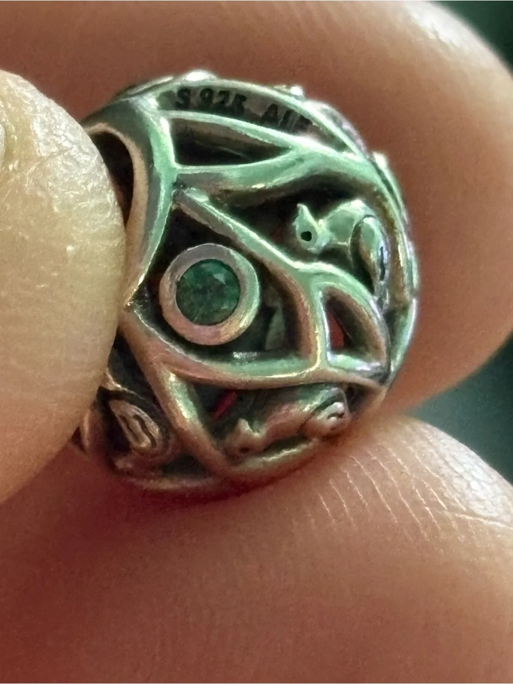 Pandora two tone Bird Charm with Green Stones RETIRED